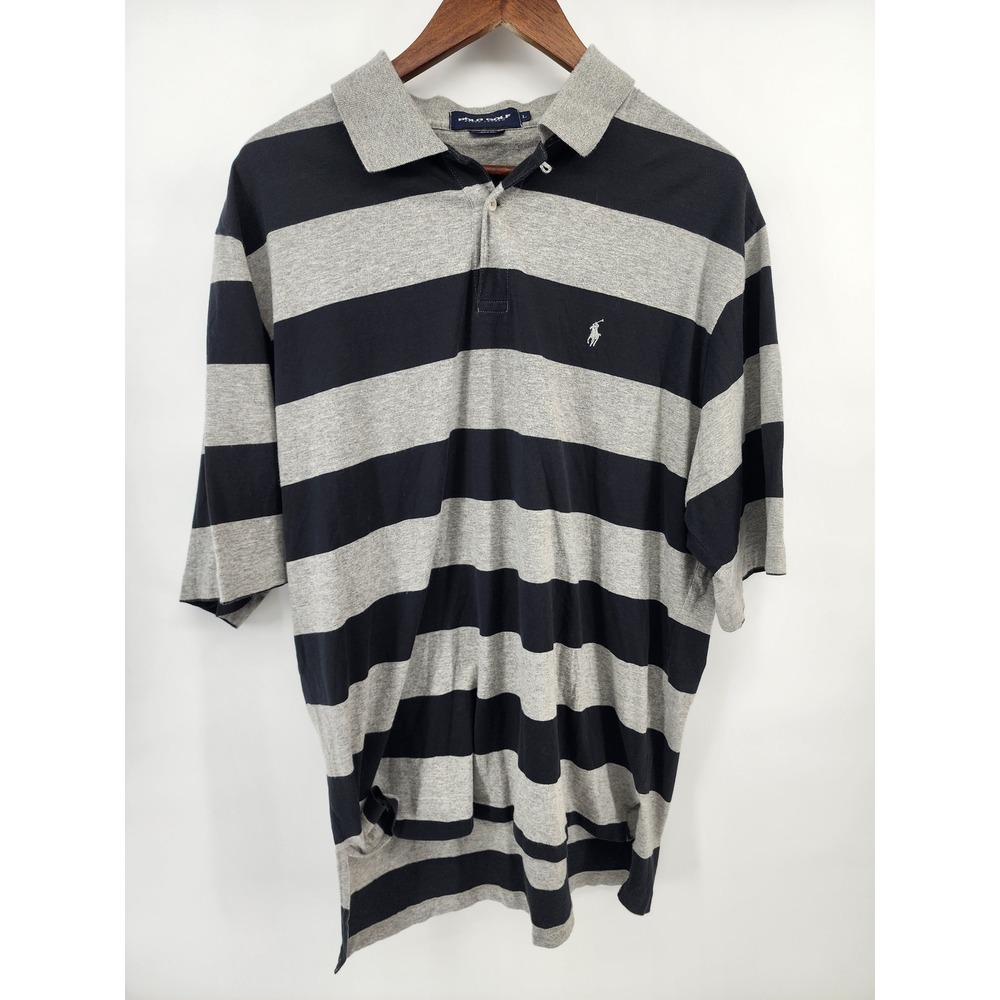 Polo Golf Ralph Lauren Mens Large Pima Cotton Striped Polo Shirt Gray Navy Blue